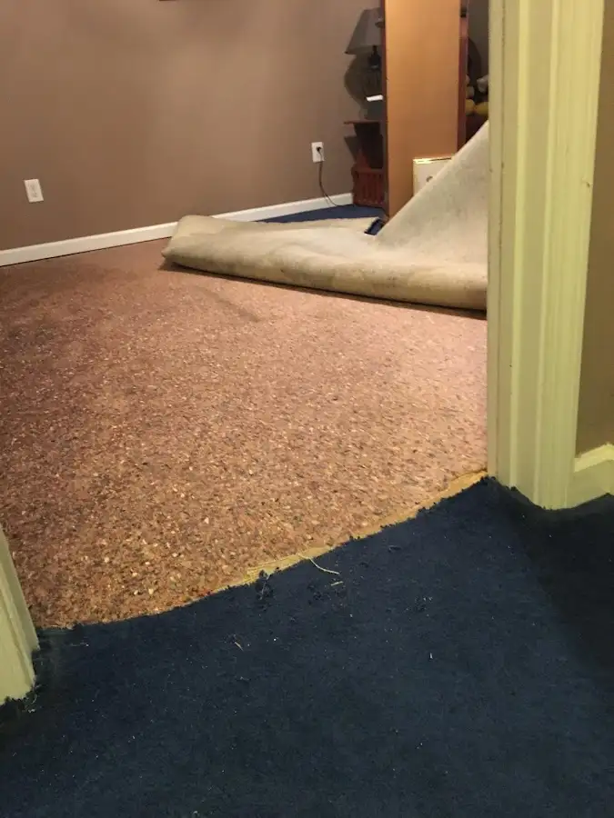 Carpet pad removal revealing water damage during Water Mitigation Services in Daphne